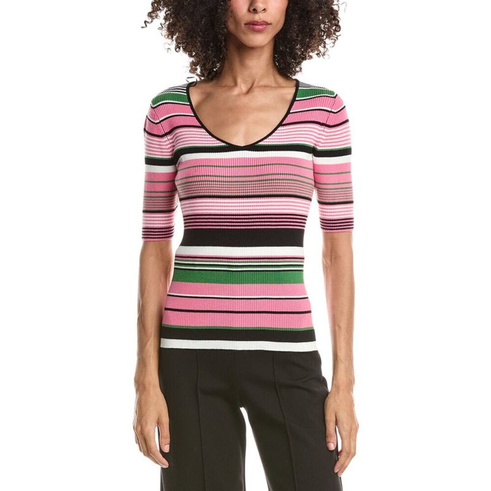 T Tahari Womens  Elbow Sleeve Variegated Rib V-Neck Pullover, Pink